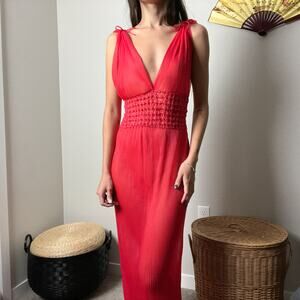 vintage 60s berry pink sheer pleated v neck maxi dress gown lingerie nightgown